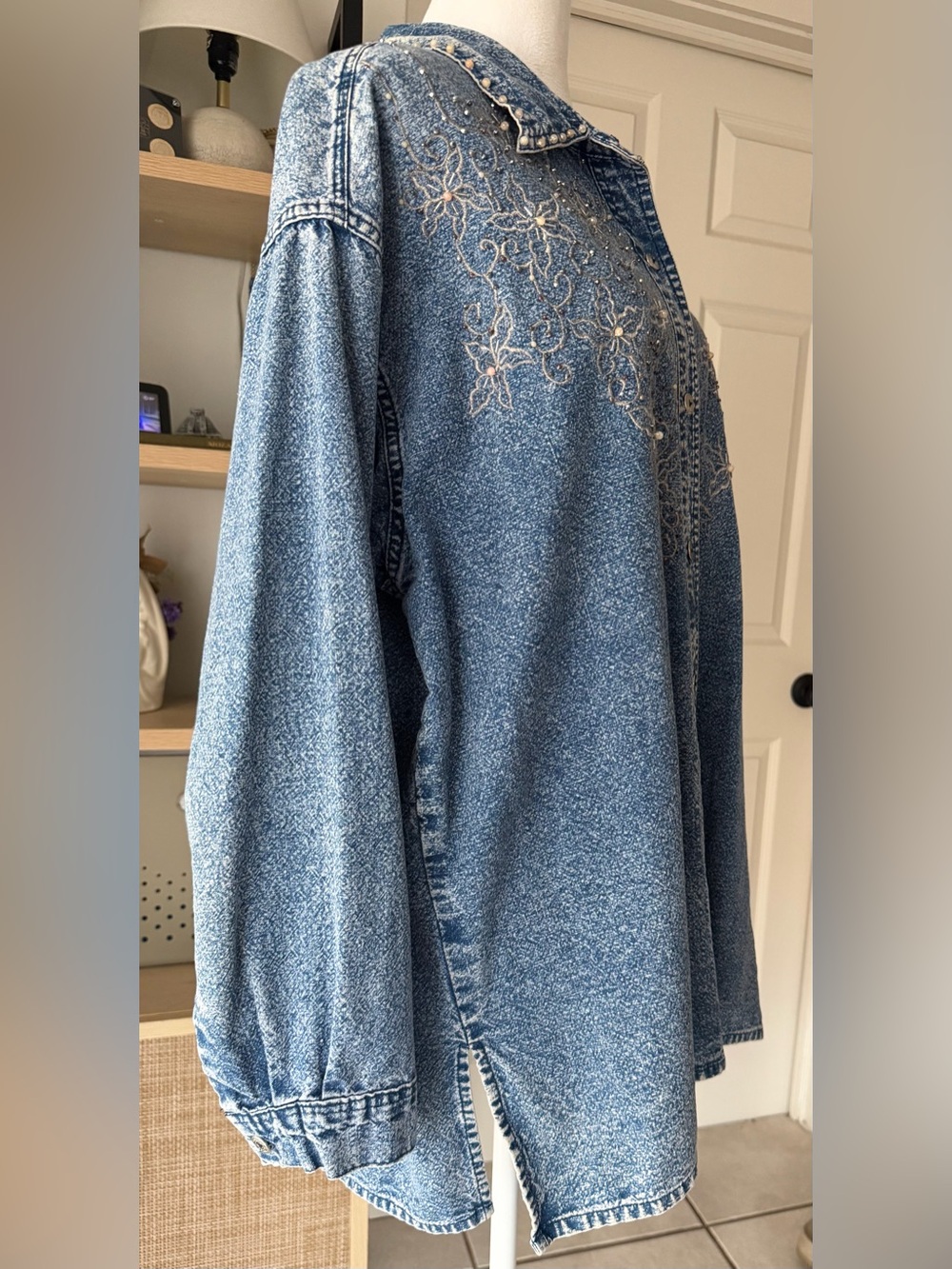 Vintage Club Z Denim Acid Wash Embroidered beaded Studded Oversized Shirt 80s 90 - Picture 14 of 15